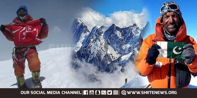 Shia mountaineer M Ali Sadpara raises Pakistani and HUssaini flags at K2