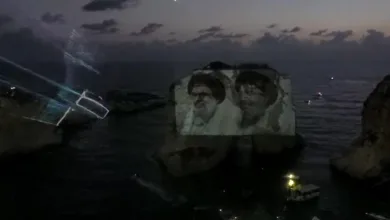 Beirut Honored by Images of Martyrs S. Nasrallah & S. Safieddine Lit Up on Raouche Rock